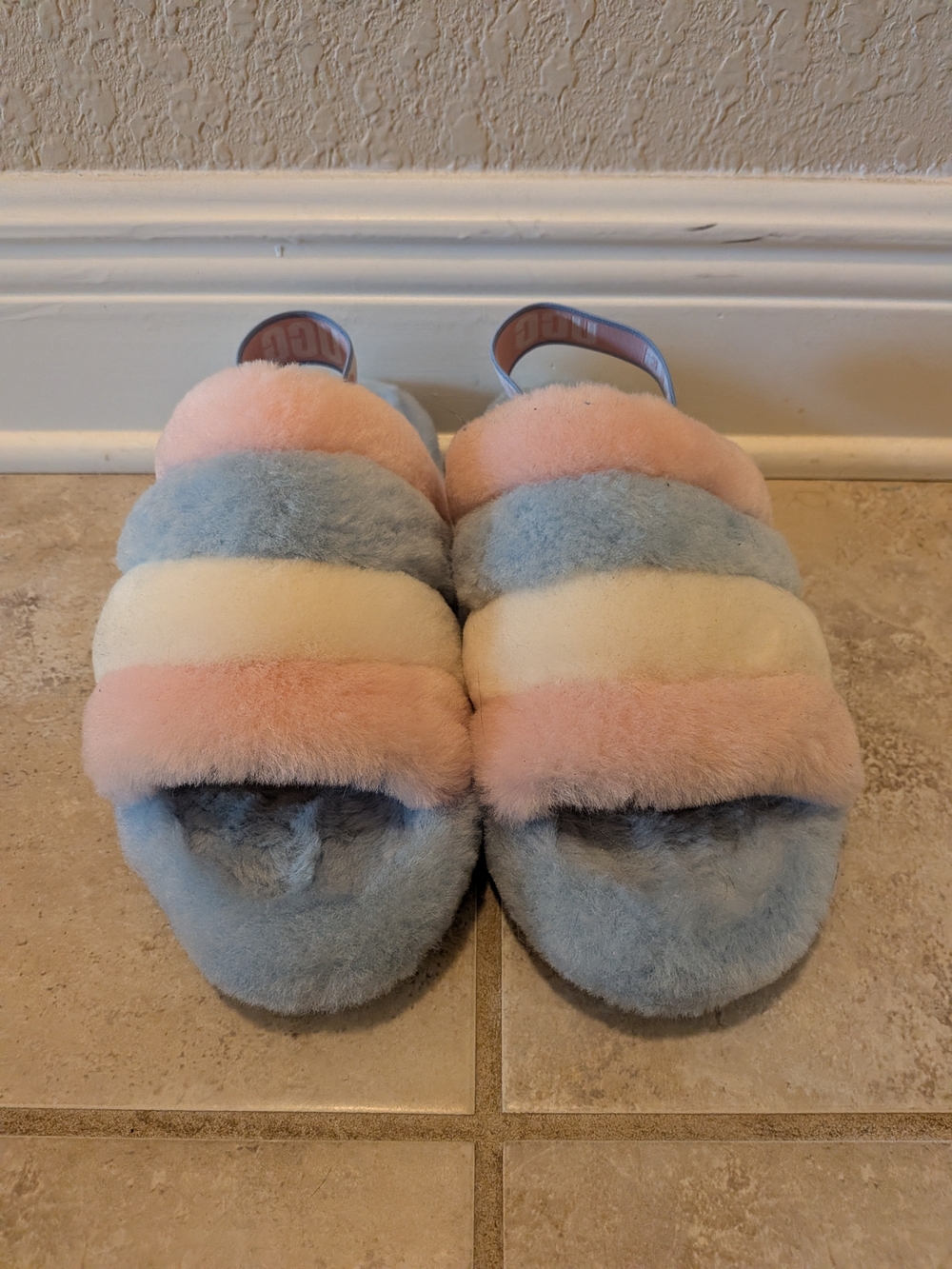 UGG Blue and Pink Fuzzy Shearling Slide Slippers